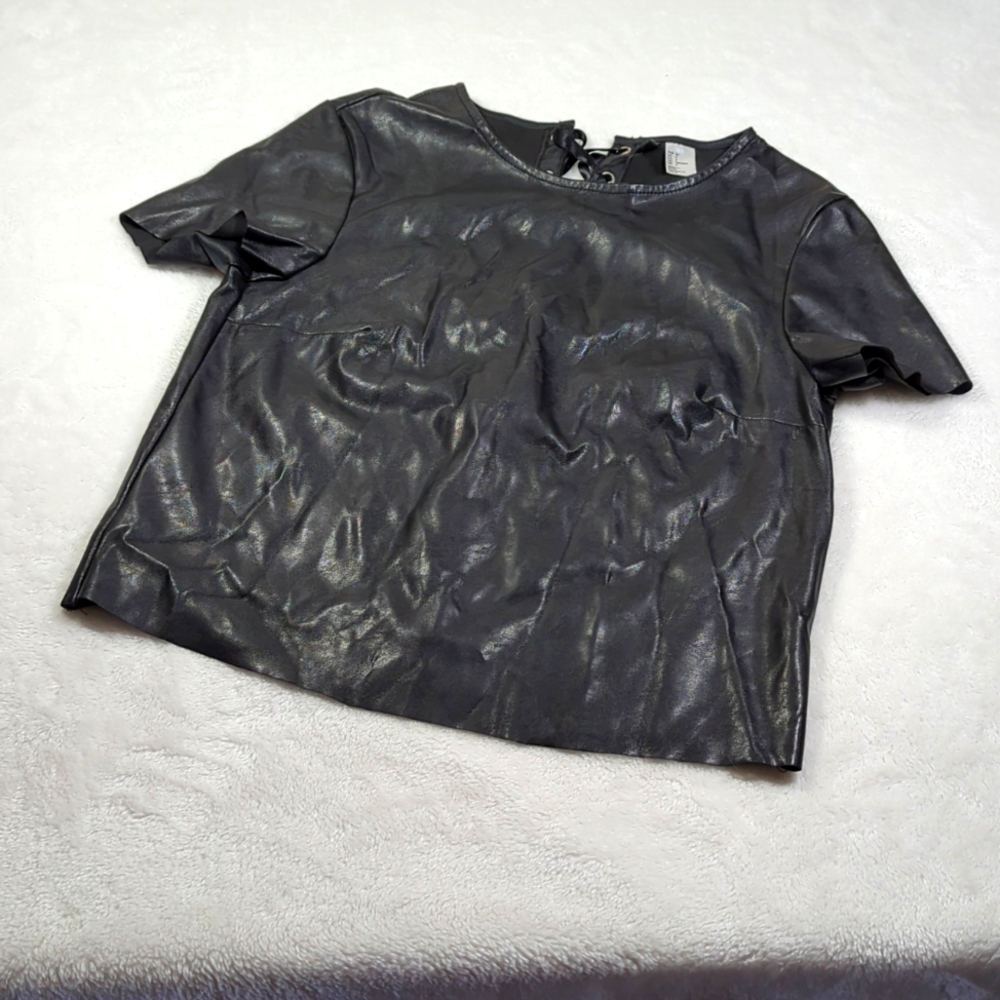 Black faux leather lace back top 4 EUC